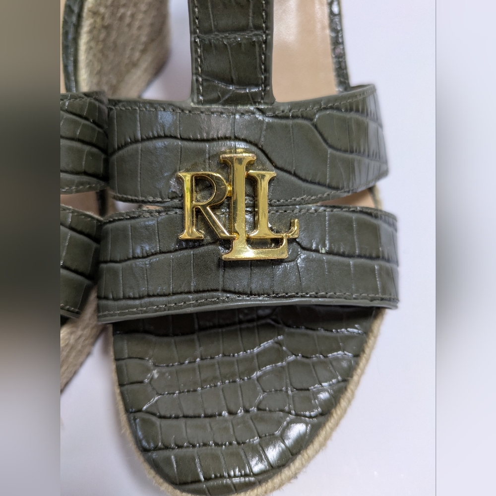 Ralph Lauren Hale Wedge T-Strap Open Toe Green Leather Sandals Size 10 B - Picture 5 of 10